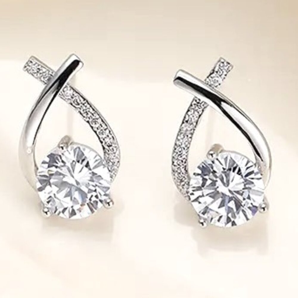 Earrings Rhinestone Criss Cross Teardrop Pierced Classy Minimalist Silver Glam